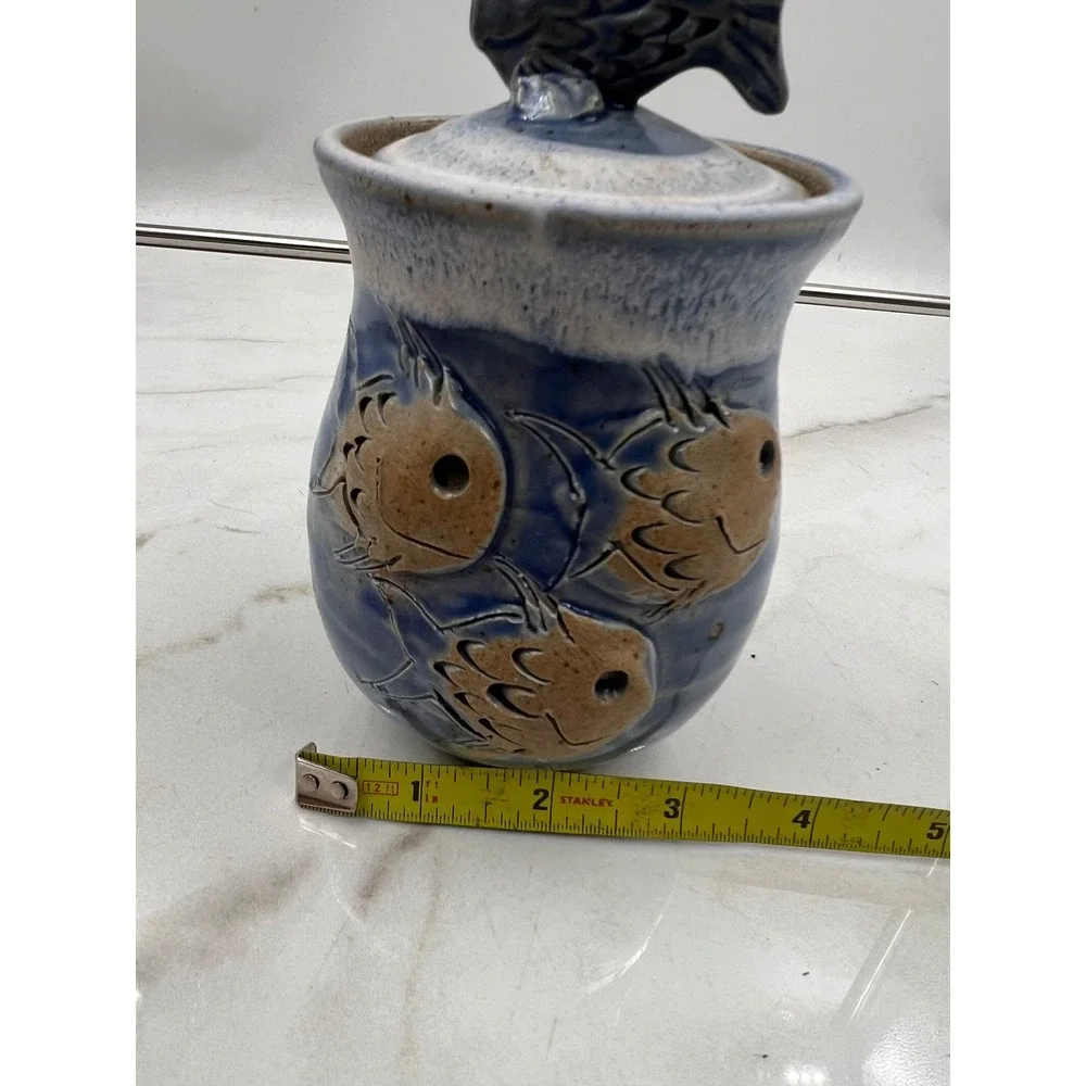 Studio Pottery Fish Canister Blue Glazed Stoneware Nautical Jar with Lid